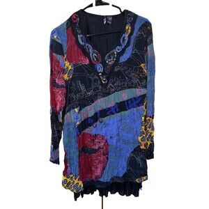 Kaktus Dress Abstract Artsy Boho Long Sleeve Crinkle Tiered M Lined V Neck